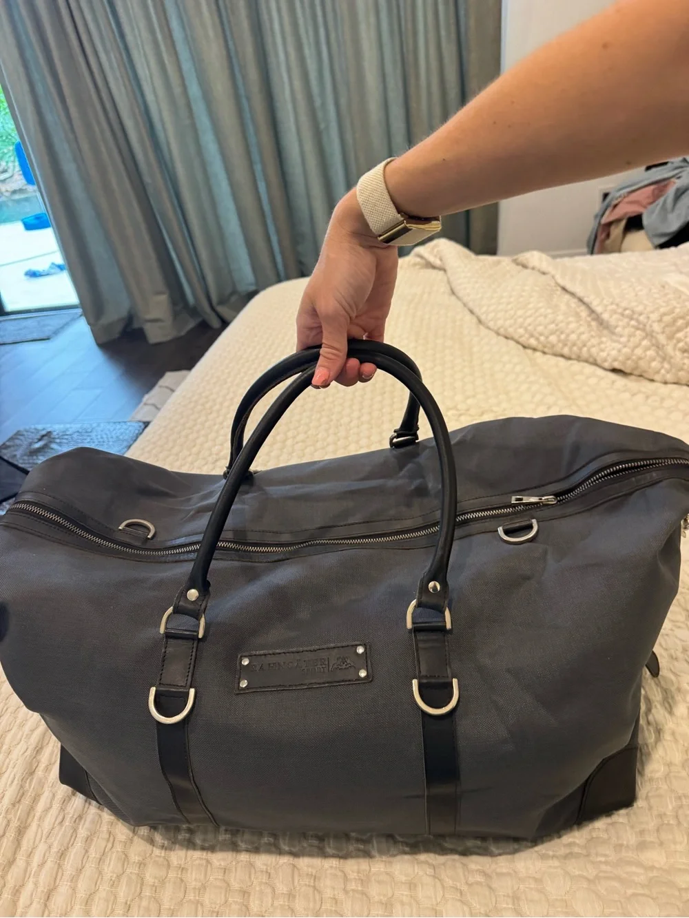 Grey Canvas Duffel with Leather Trim